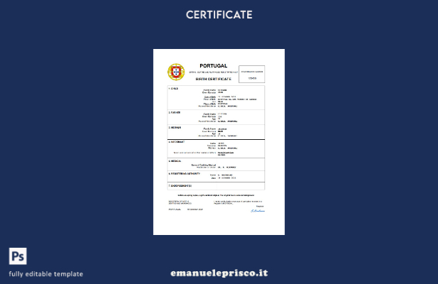 certificato di nascita portoghese stile verificato Modello Word e PDF